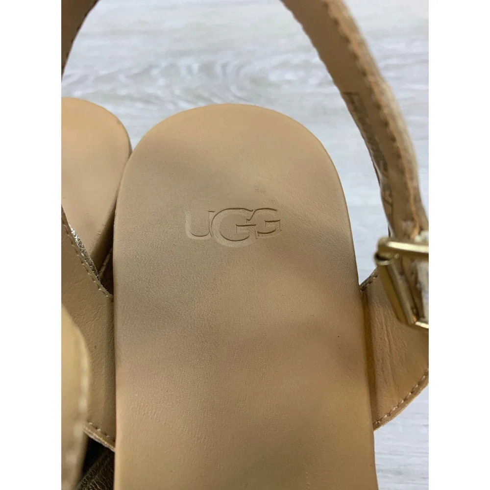 UGG Yarrow Women's Metallic Gold Leather Cork Espadrille Wedge Sandals 7